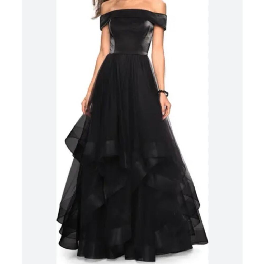 LA FEMME Off the Shoulder Fit and Flare Evening Black Dress, A68